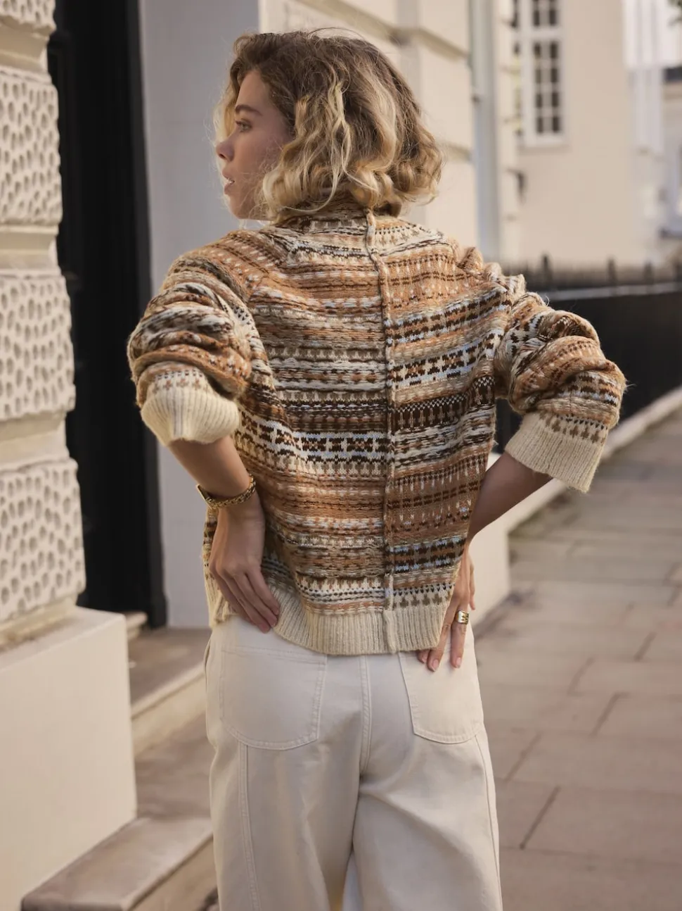 Multi Neutral Stand Neck Fairisle Pattern Stitch Knitted Jumper
