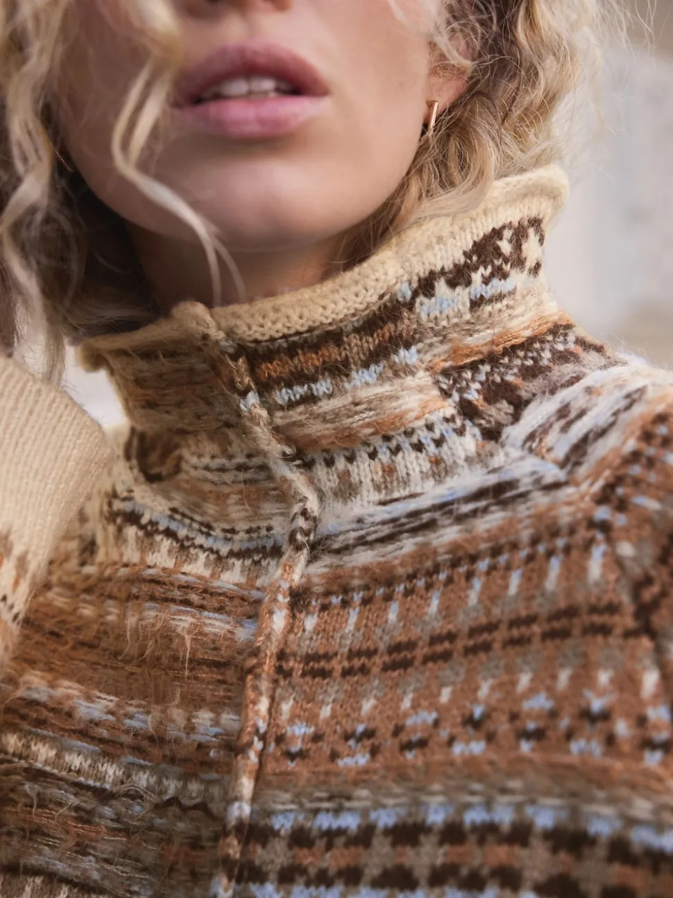 Multi Neutral Stand Neck Fairisle Pattern Stitch Knitted Jumper