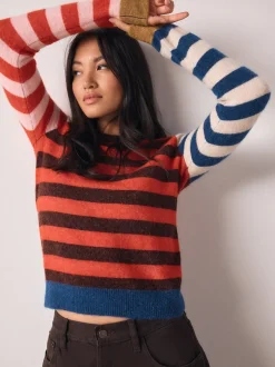 Multi Red/Blue Stripe Long Sleeve Crew Neck Jumper With Wool