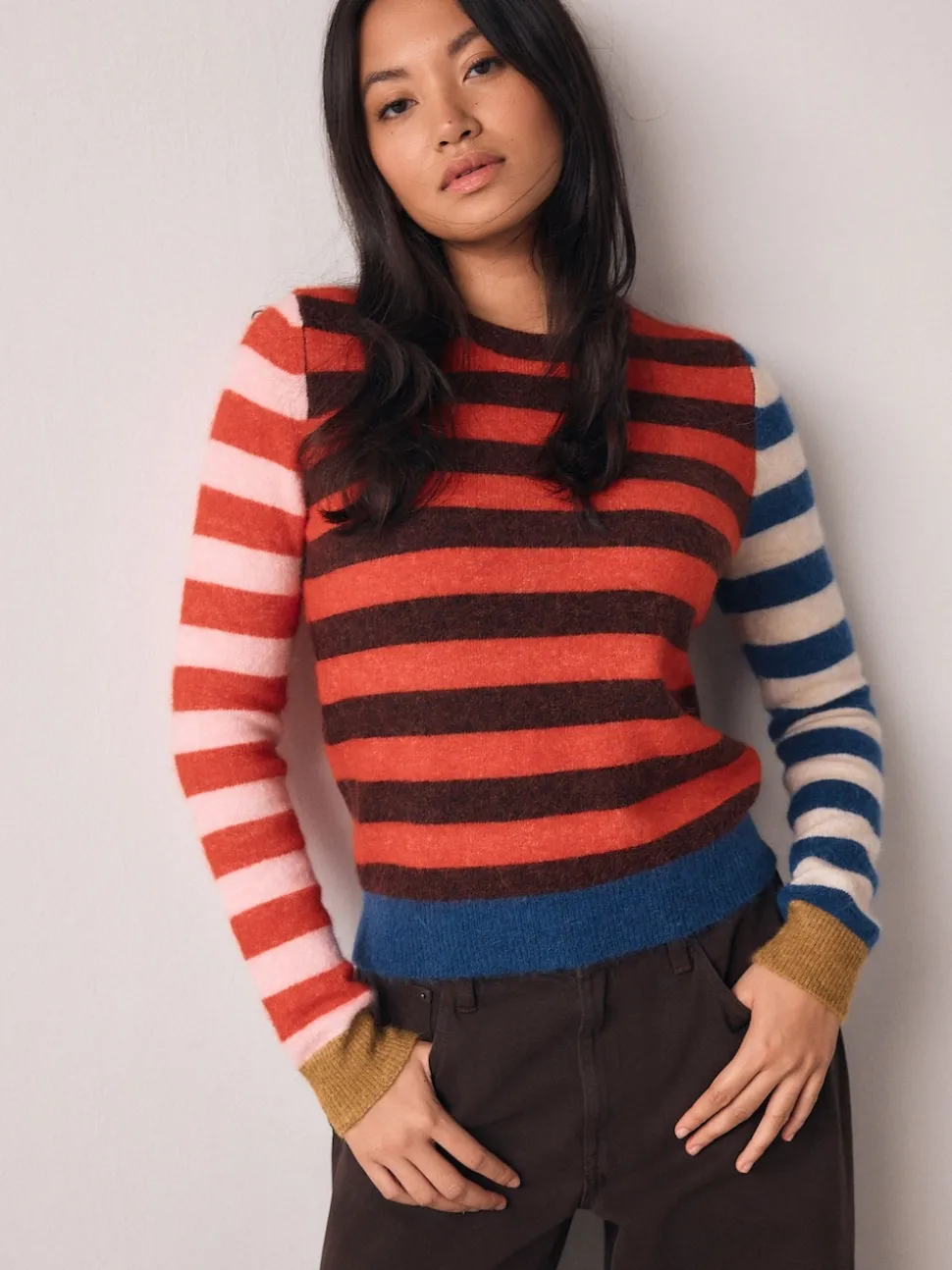 Multi Red/Blue Stripe Long Sleeve Crew Neck Jumper With Wool