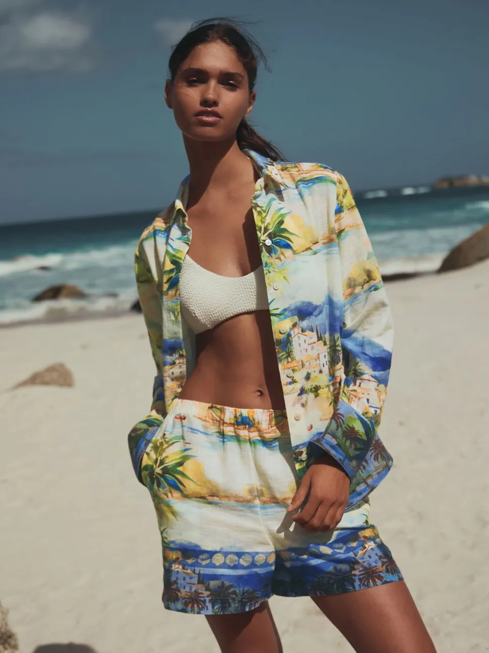 Multi Scenic Print Relaxed Long Sleeve Shirt With Linen