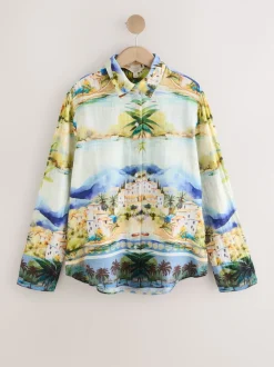 Multi Scenic Print Relaxed Long Sleeve Shirt With Linen