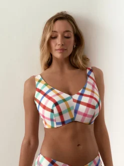 Multi/White Bright Check F - K Ultimate Support Wired Crop Bikini Top