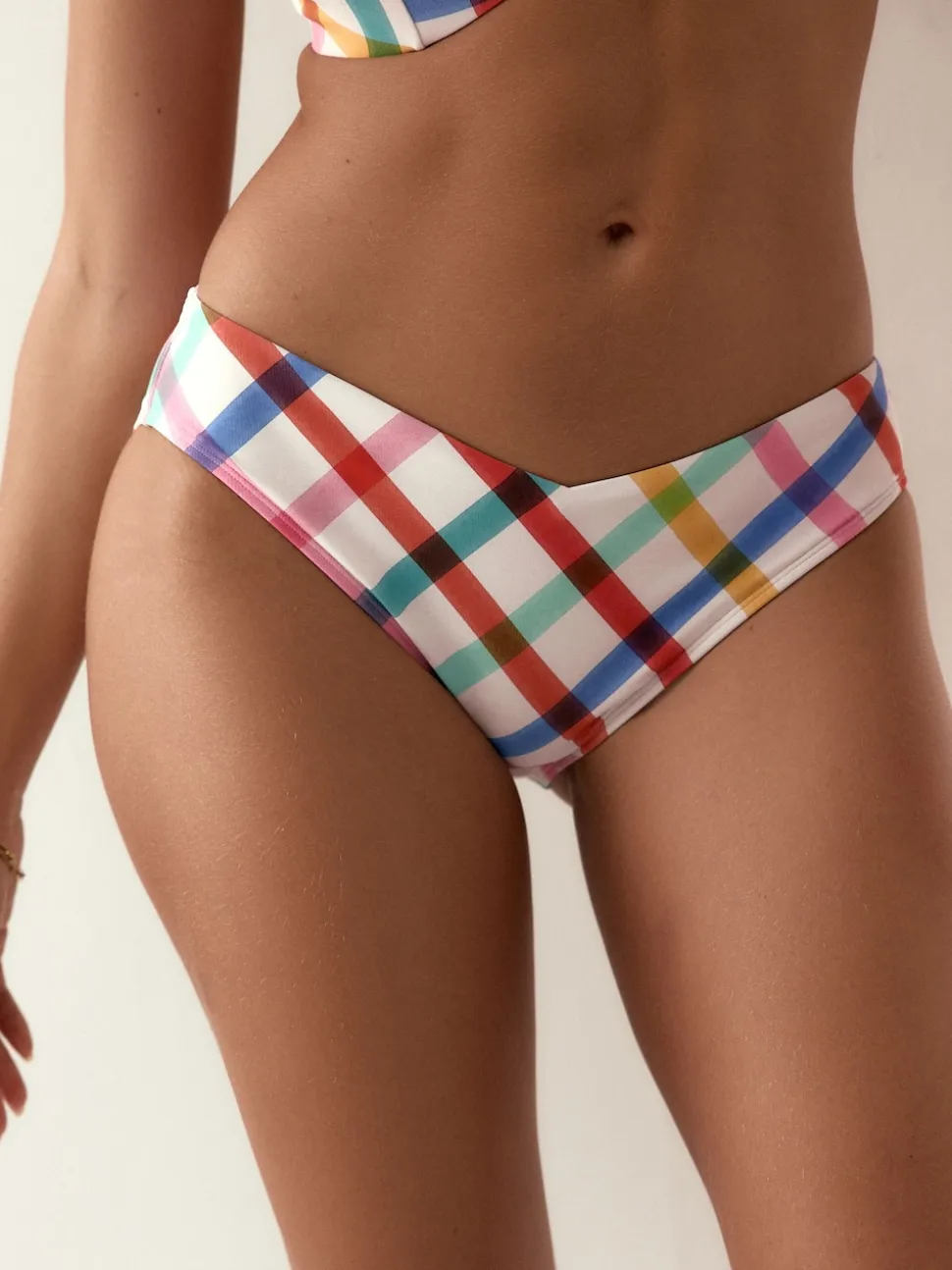 Multi/White Bright Check V Front High Leg Bikini Bottoms