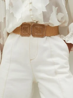 Natural Square Buckle Wide Raffia Effect Belt