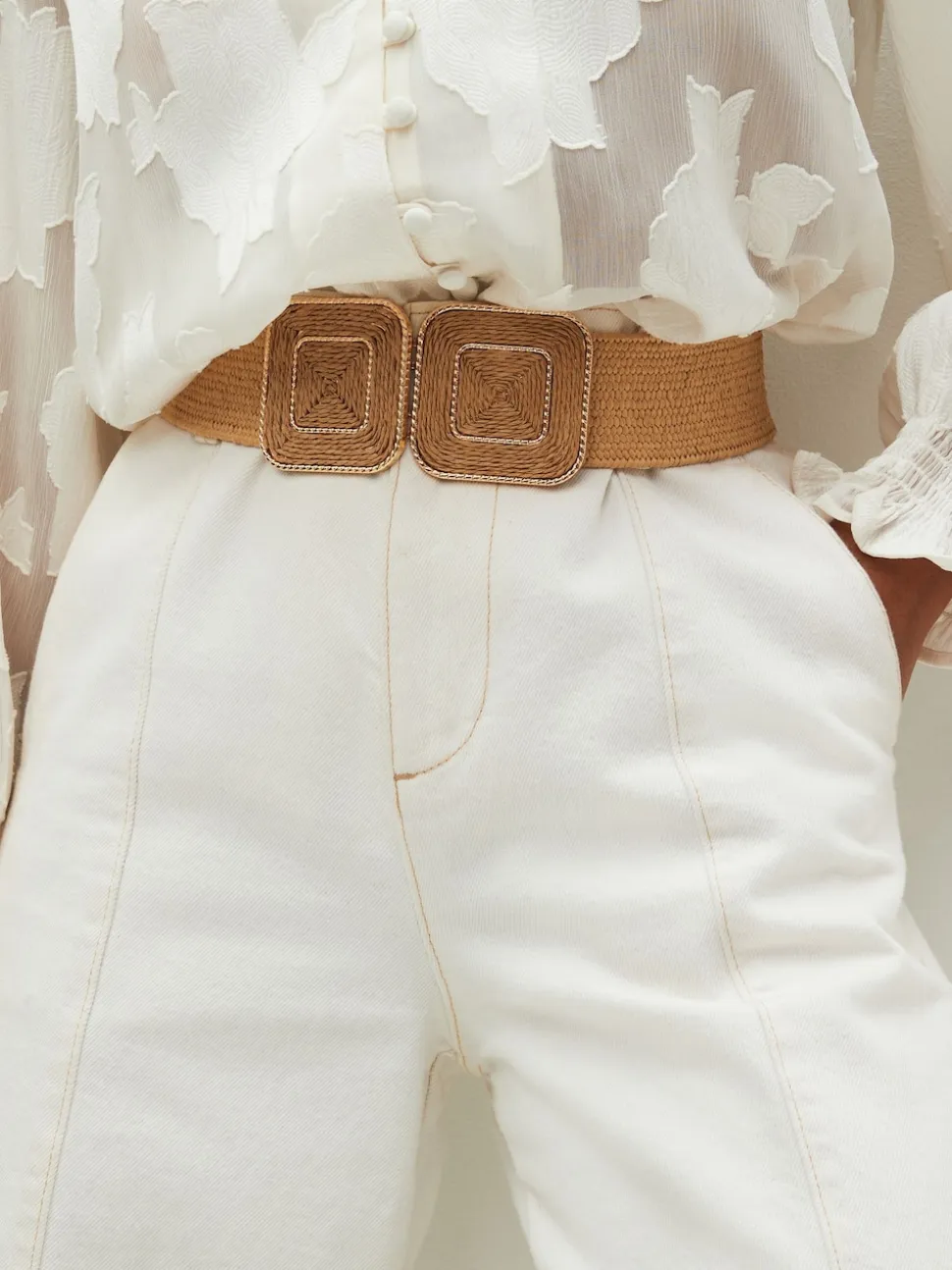 Natural Square Buckle Wide Raffia Effect Belt