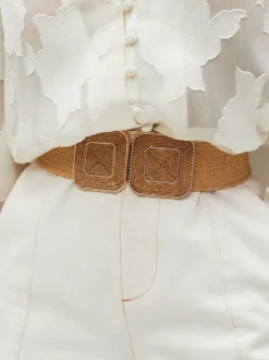 Natural Square Buckle Wide Raffia Effect Belt