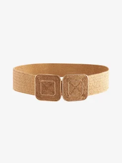 Natural Square Buckle Wide Raffia Effect Belt
