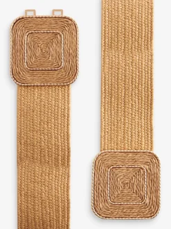 Natural Square Buckle Wide Raffia Effect Belt
