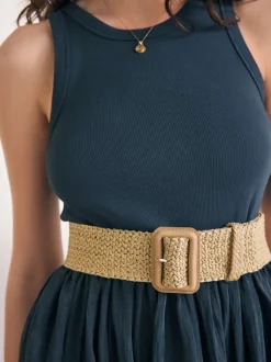 Natural/Gold Wide Raffia Effect Belt