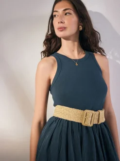 Natural/Gold Wide Raffia Effect Belt