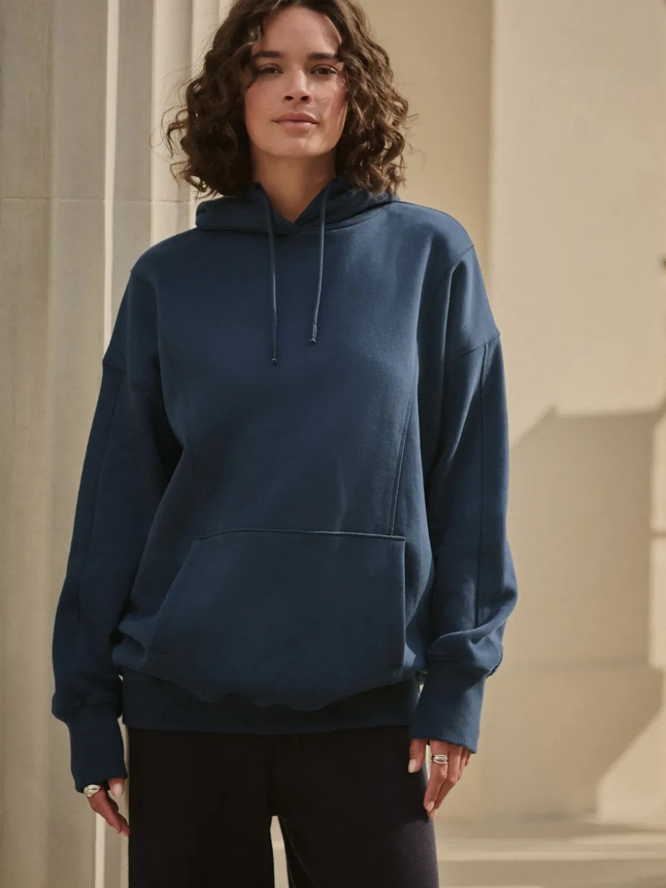 Navy Blue Active Longline Overhead Seam Detail Supersoft Hoodie with Pockets