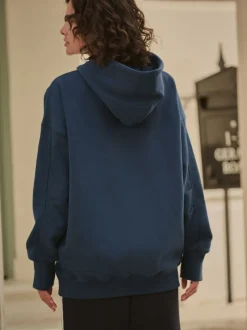Navy Blue Active Longline Overhead Seam Detail Supersoft Hoodie with Pockets