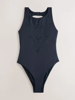 Navy Blue Broderie Cutwork High Neck Tummy Control Swimsuit