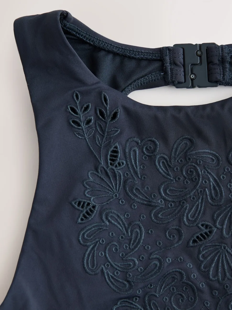 Navy Blue Broderie Cutwork High Neck Tummy Control Swimsuit