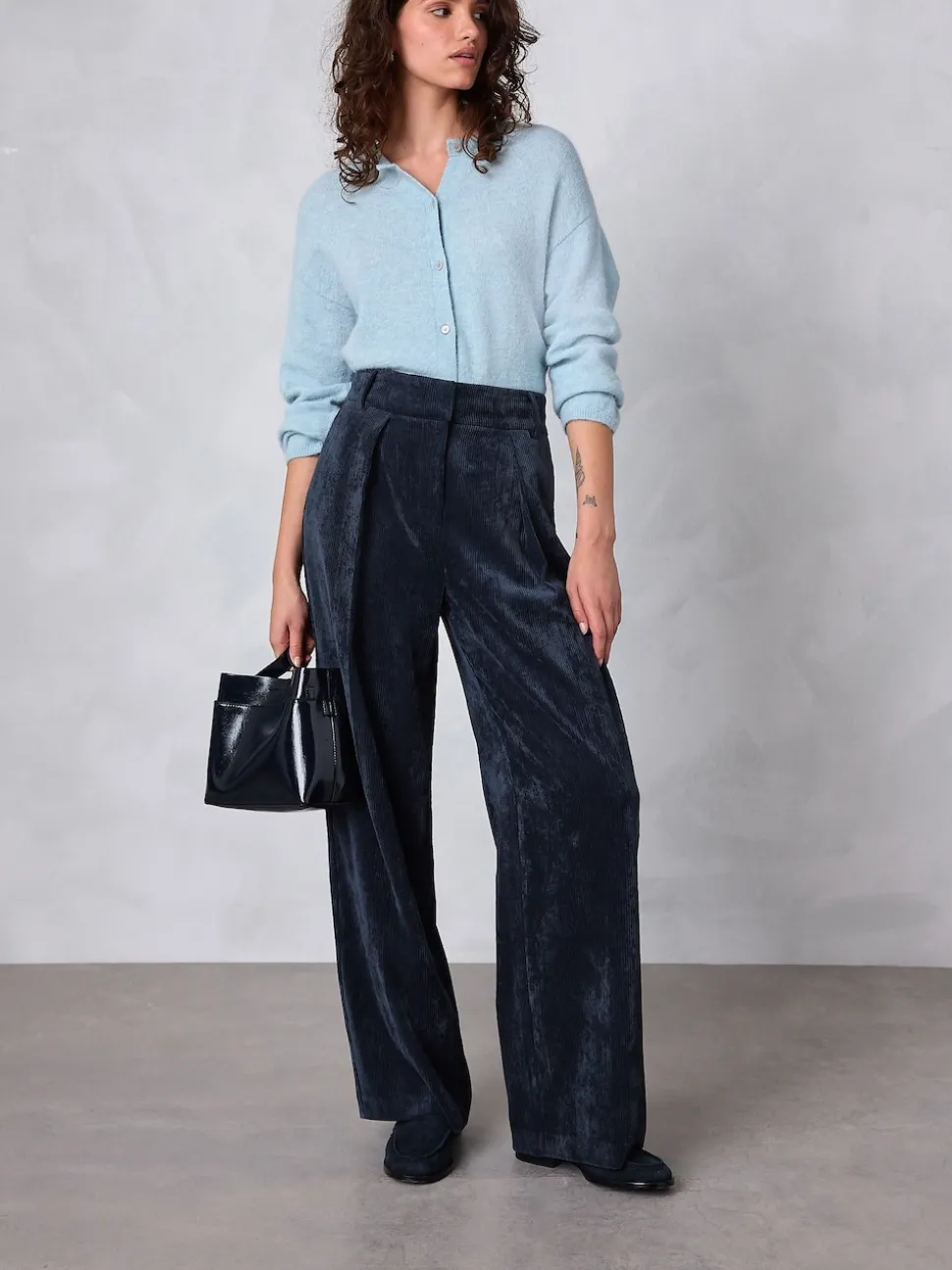 Navy Blue Cord Wide Leg Trousers