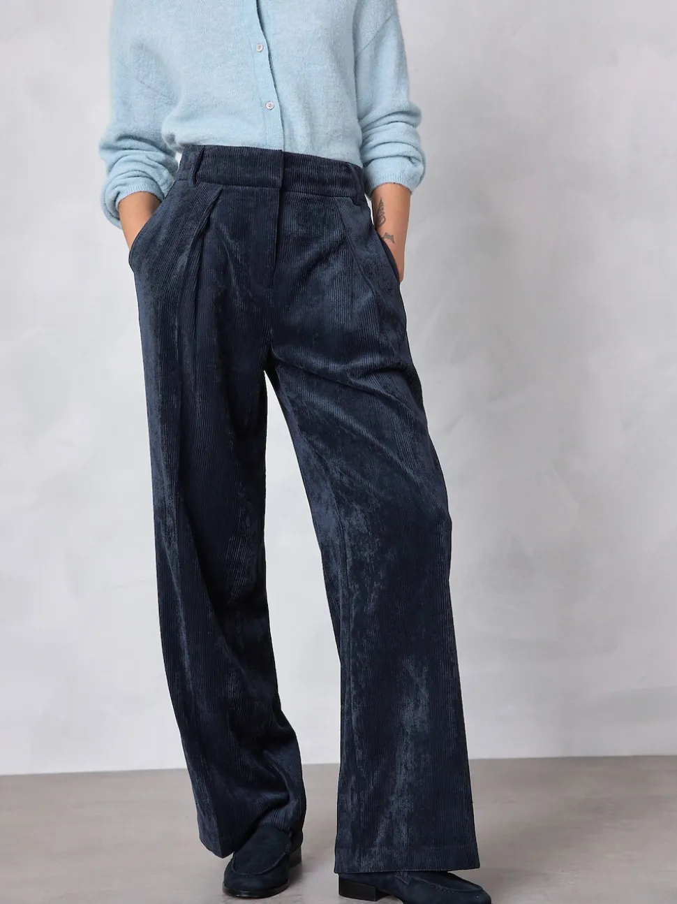 Navy Blue Cord Wide Leg Trousers