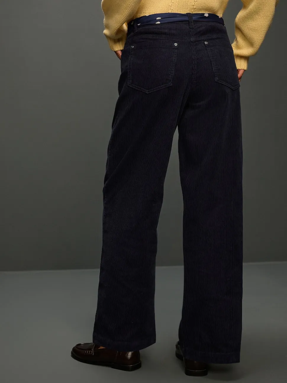 Navy Blue Cord Wide Leg Trousers With Scarf