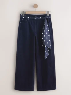 Navy Blue Cord Wide Leg Trousers With Scarf