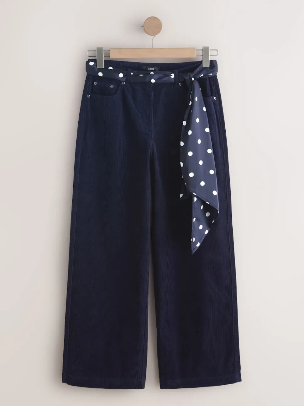 Navy Blue Cord Wide Leg Trousers With Scarf