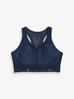 Navy Blue DD+ Active Sports Zip Front Dry Tech High Impact Bra