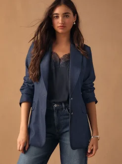 Navy Blue Denim Look Fitted Single Breasted Blazer