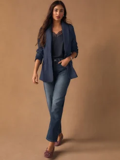 Navy Blue Denim Look Fitted Single Breasted Blazer