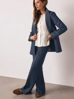 Navy Blue Denim Look Fitted Single Breasted Blazer