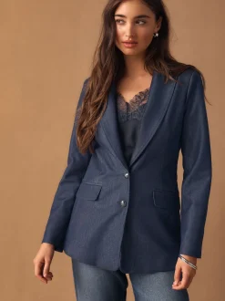 Navy Blue Denim Look Fitted Single Breasted Blazer