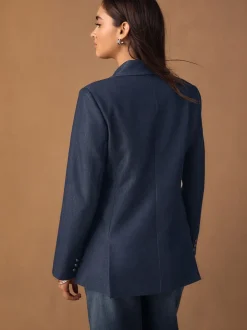 Navy Blue Denim Look Fitted Single Breasted Blazer