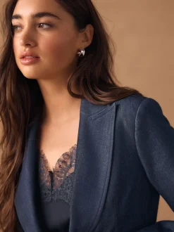 Navy Blue Denim Look Fitted Single Breasted Blazer