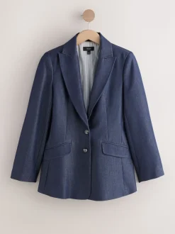 Navy Blue Denim Look Fitted Single Breasted Blazer