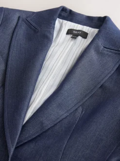 Navy Blue Denim Look Fitted Single Breasted Blazer