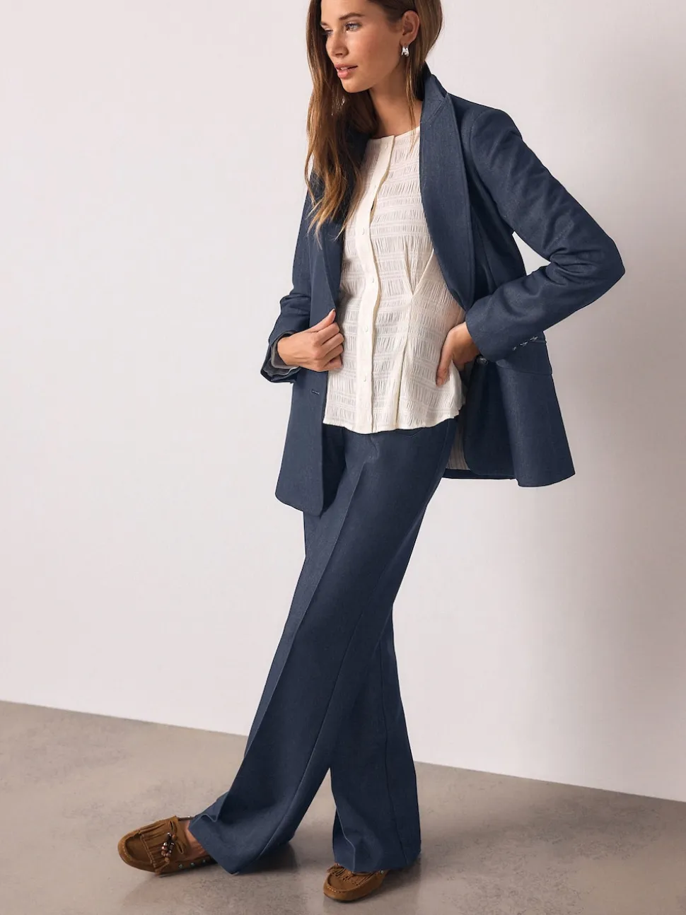 Navy Blue Denim Look Slim Flare Trousers