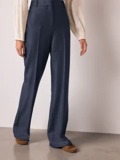 Navy Blue Denim Look Slim Flare Trousers