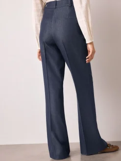 Navy Blue Denim Look Slim Flare Trousers