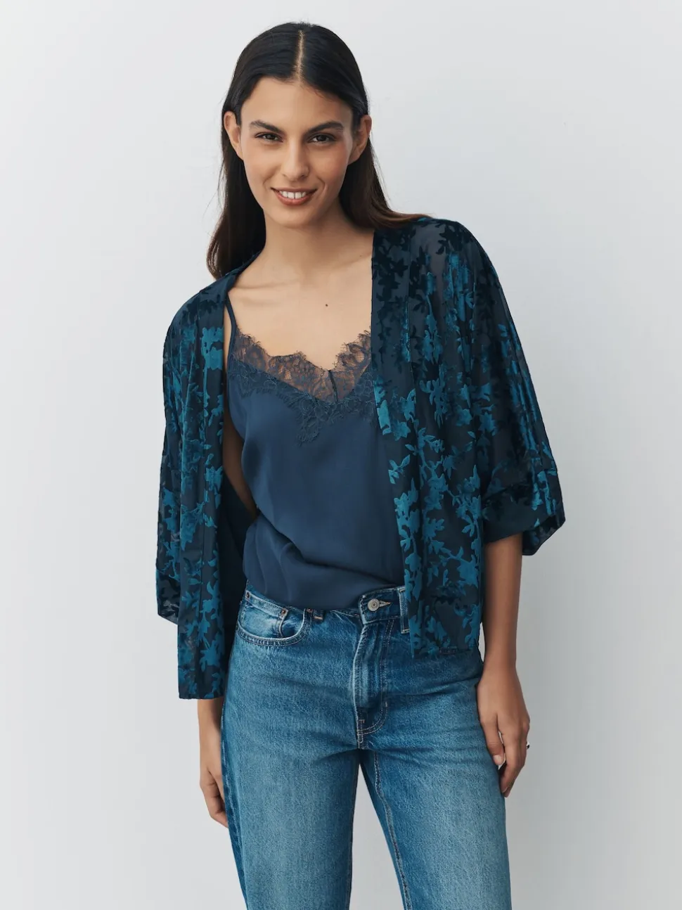 Navy Blue Devore Short Sleeve Cover Up