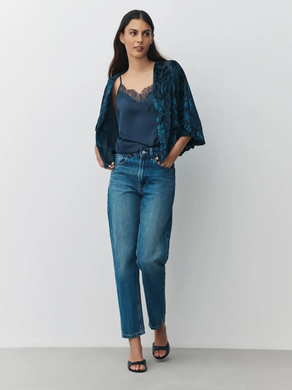 Navy Blue Devore Short Sleeve Cover Up