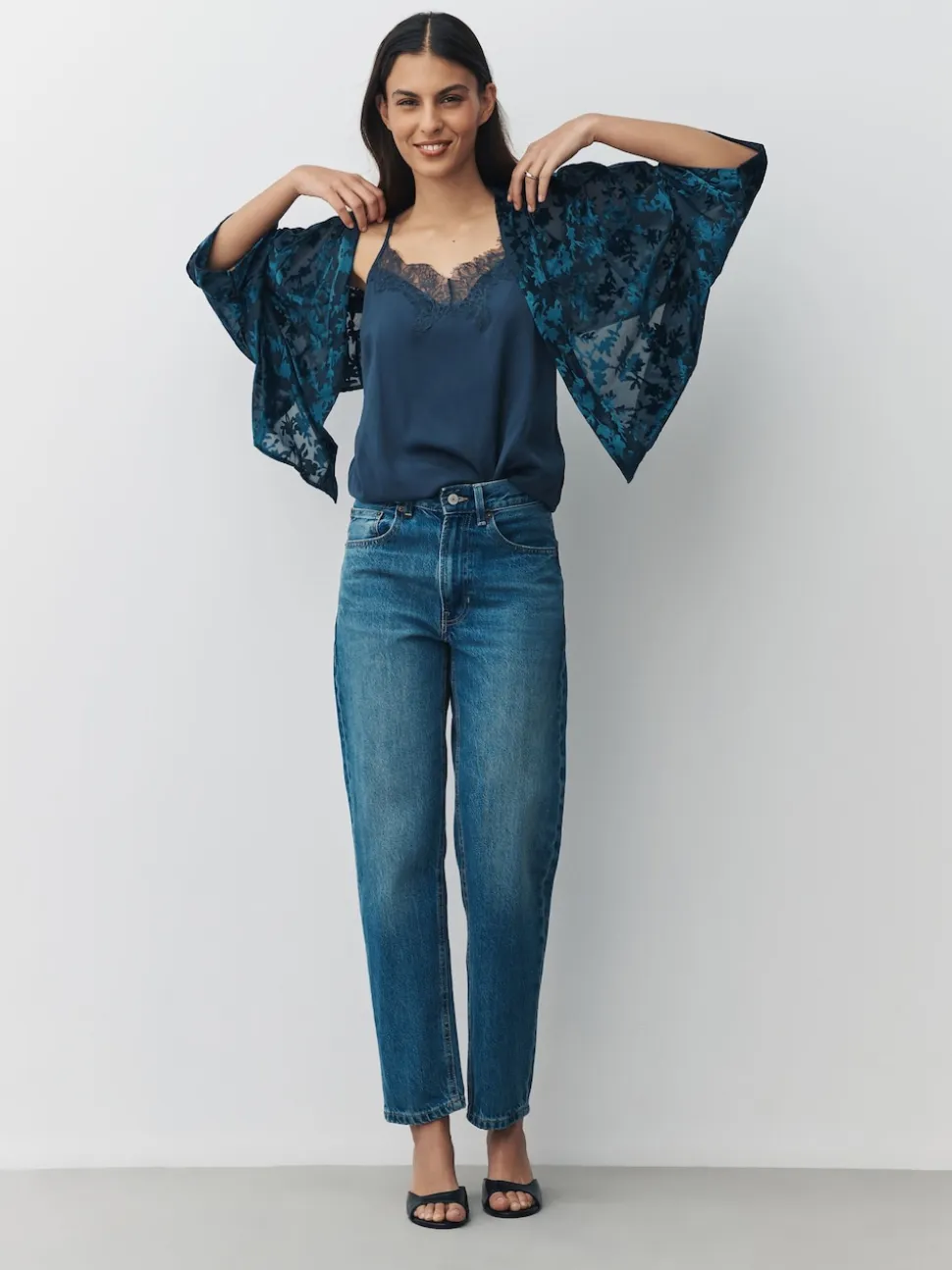 Navy Blue Devore Short Sleeve Cover Up