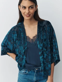 Navy Blue Devore Short Sleeve Cover Up
