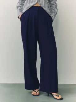 Navy Blue Elastic Back Wide Leg Trousers