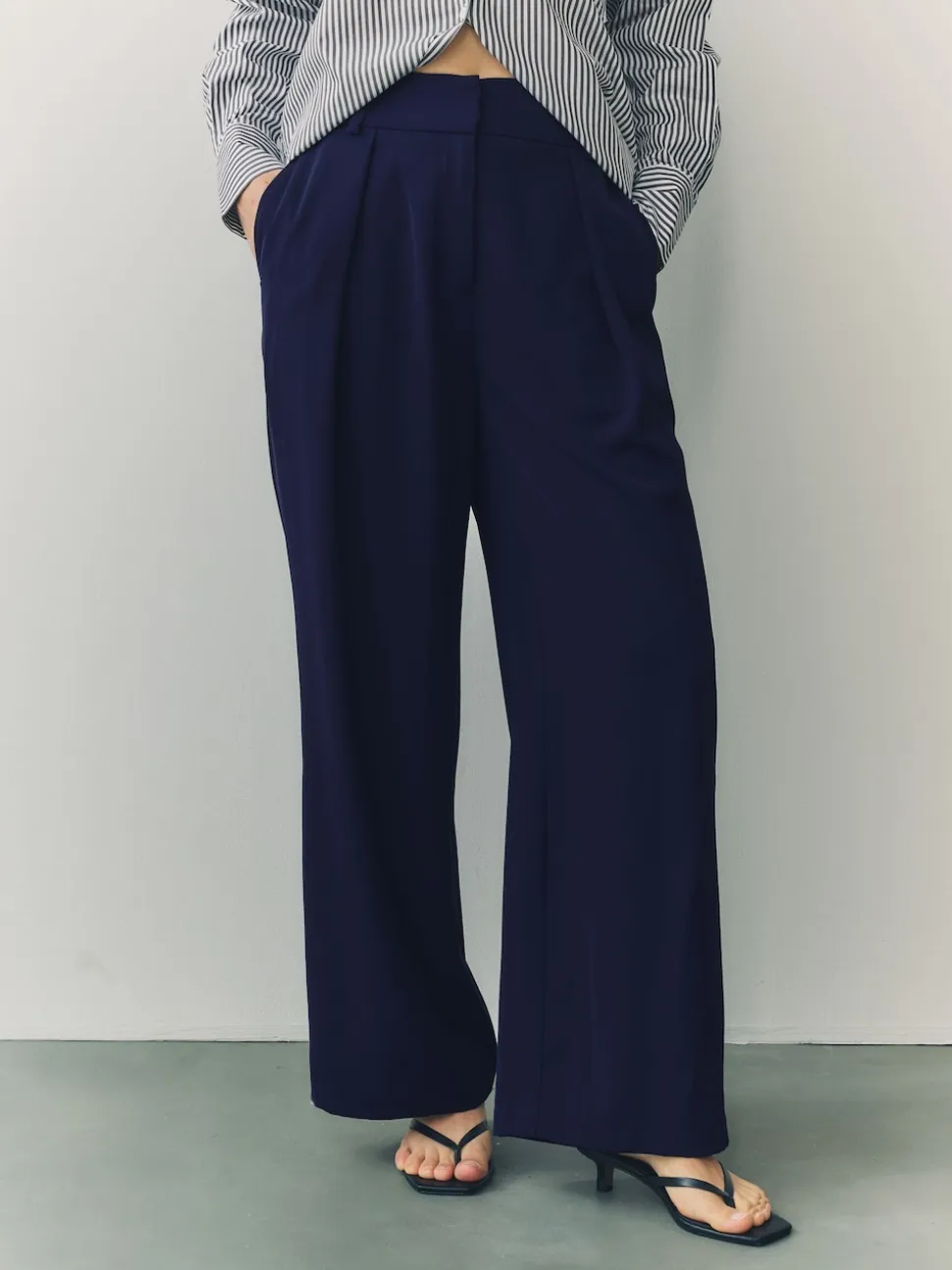 Navy Blue Elastic Back Wide Leg Trousers