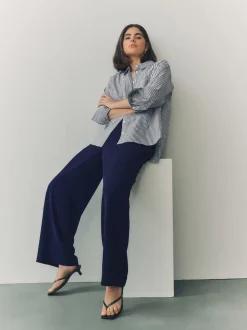 Navy Blue Elastic Back Wide Leg Trousers