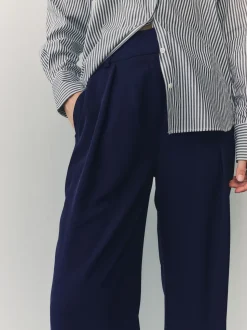 Navy Blue Elastic Back Wide Leg Trousers