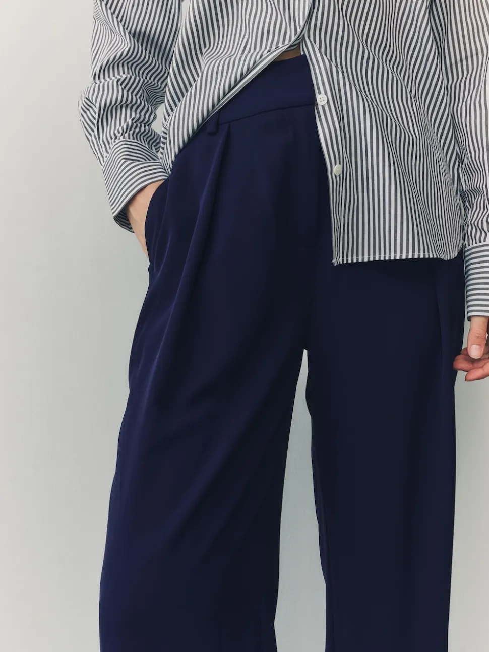 Navy Blue Elastic Back Wide Leg Trousers