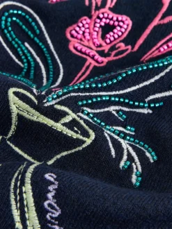 Navy Blue Floral Embellished Supersoft Crew Neck Long Sleeve Jumper
