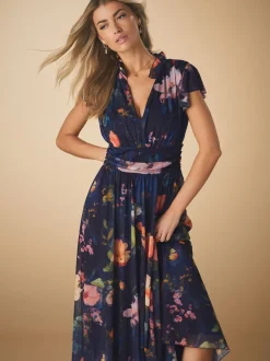 Navy Blue Floral Pleated Mesh Print V-Neck Occasion Maxi Dress