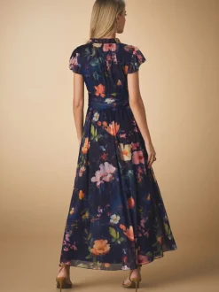 Navy Blue Floral Pleated Mesh Print V-Neck Occasion Maxi Dress