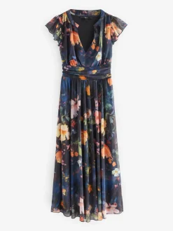 Navy Blue Floral Pleated Mesh Print V-Neck Occasion Maxi Dress