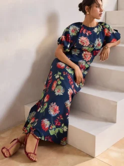 Navy Blue Floral Print Puff Sleeve Midi Dress